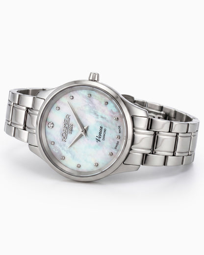 Venus Diamond 30mm Quartz Two-Hand White Mop W/Pnp Indexes, 1Pc 1.2Mm Dia Dial  Silver Bracelet Sapphire glass Stainless Steel swiss watch