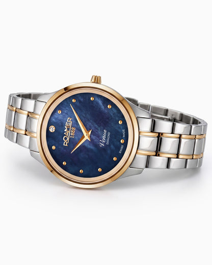 Venus Diamond 30mm Quartz Two-Hand Blue Mop Two-Tone Bracelet Sapphire glass Stainless Steel swiss watch
