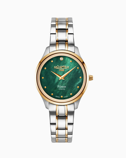 Venus Diamond 30mm Quartz Two-Hand Green Mop W/Gp Indexes, 1Pc 1.2Mm Dia Dial  Two-Tone Bracelet Sapphire glass Stainless Steel swiss watch