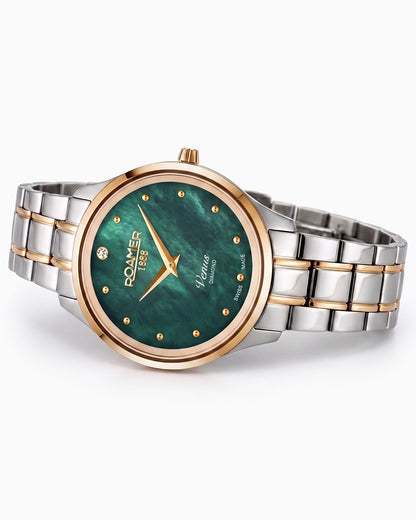 Venus Diamond 30mm Quartz Two-Hand Green Mop W/Gp Indexes, 1Pc 1.2Mm Dia Dial  Two-Tone Bracelet Sapphire glass Stainless Steel swiss watch