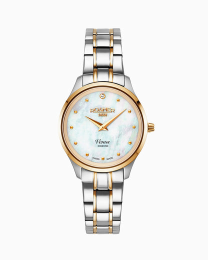 Venus Diamond 30mm Quartz Two-Hand White Mop W/Gp Indexes, 1Pc 1.2Mm Dia Dial  Two-Tone Bracelet Sapphire glass Stainless Steel swiss watch