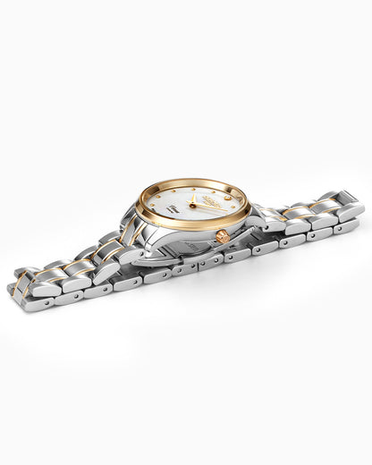 Venus Diamond 30mm Quartz Two-Hand White Mop W/Gp Indexes, 1Pc 1.2Mm Dia Dial  Two-Tone Bracelet Sapphire glass Stainless Steel swiss watch