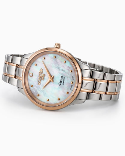 Venus Diamond 30mm Quartz Two-Hand White Mop W/Gp Indexes, 1Pc 1.2Mm Dia Dial  Two-Tone Bracelet Sapphire glass Stainless Steel swiss watch