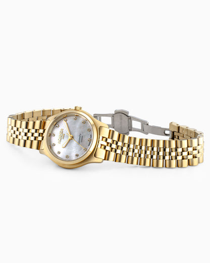 Cassandra Diamond 31 mm Quartz Three-Hand White Dial Gold Bracelet Sapphire glass Stainless Steel swiss watch