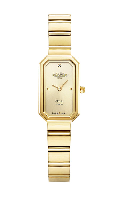 Olivia Diamond 18x29 mm Quartz Two-Hand Silver Dial Gold Bracelet Sapphire glass Stainless Steel swiss watch