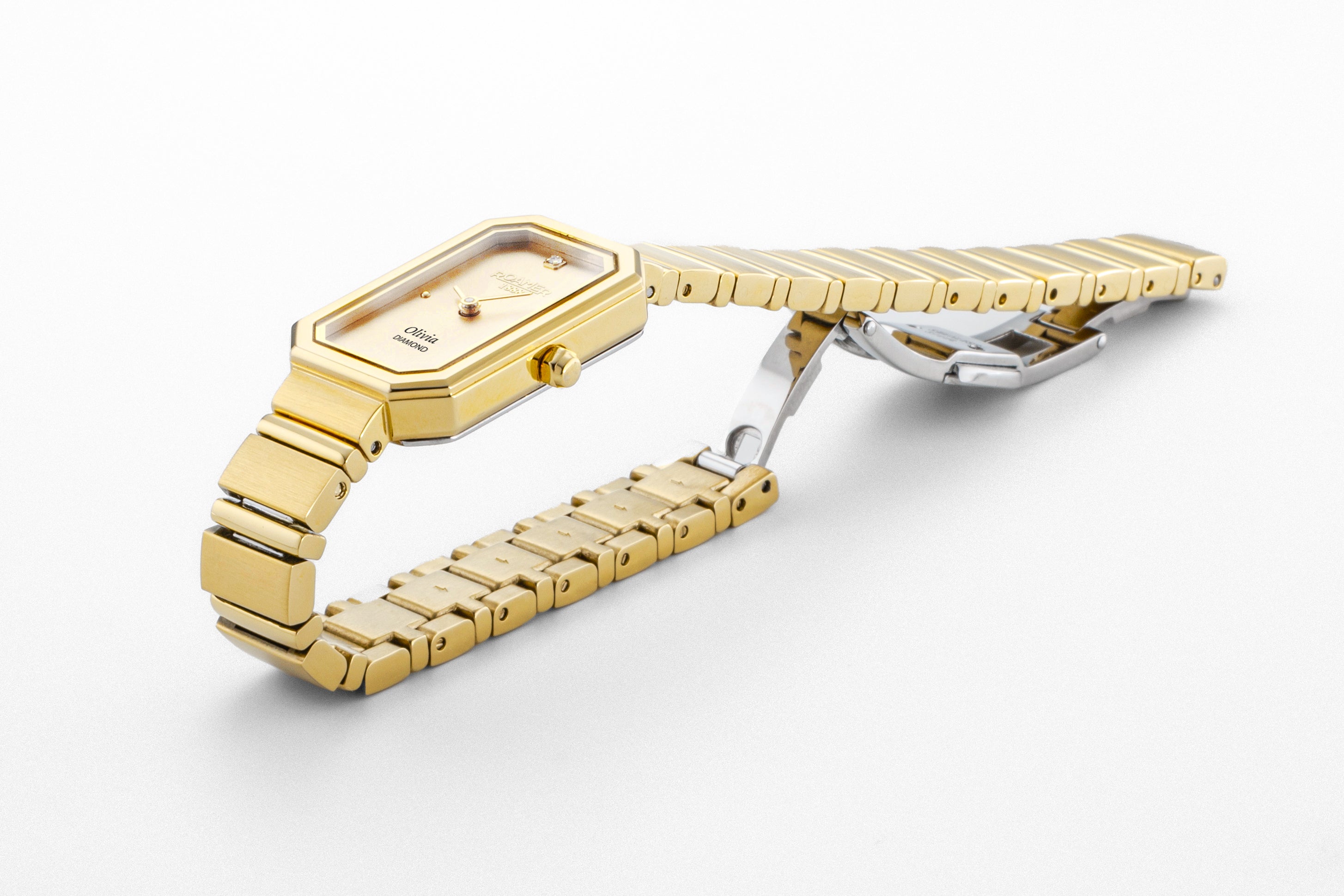 Olivia Diamond 18x29 mm Quartz Two-Hand Silver Dial Gold Bracelet Sapphire glass Stainless Steel swiss watch
