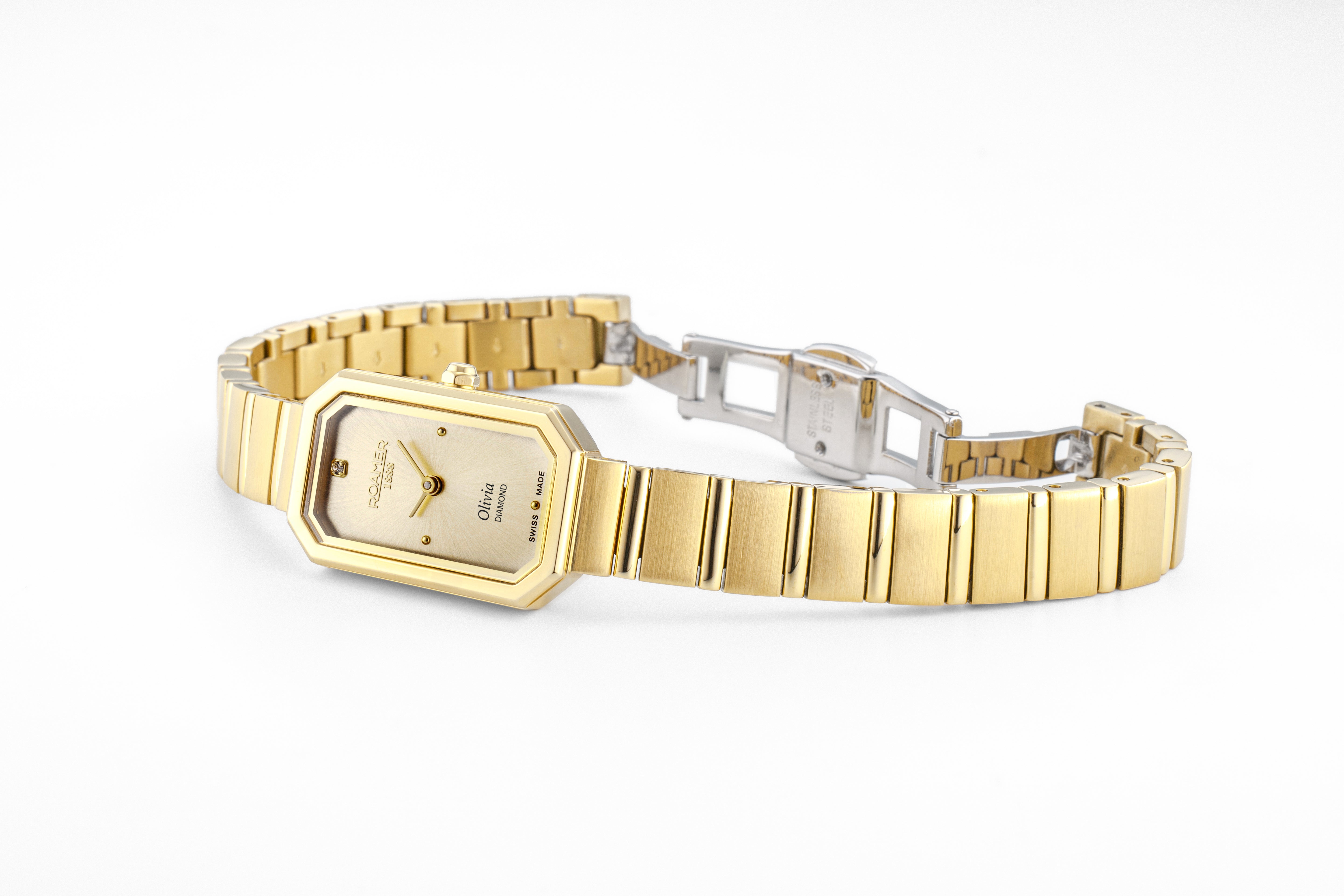 Olivia Diamond 18x29 mm Quartz Two-Hand Silver Dial Gold Bracelet Sapphire glass Stainless Steel swiss watch