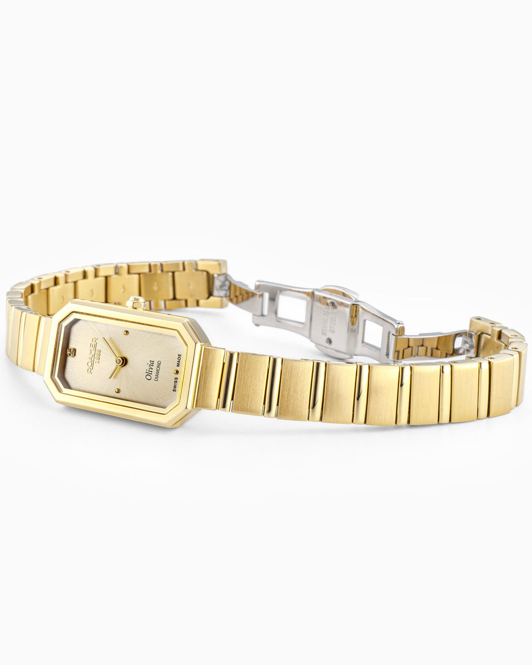 Olivia Diamond 18x29 mm Quartz Two-Hand Silver Dial Gold Bracelet Sapphire glass Stainless Steel swiss watch