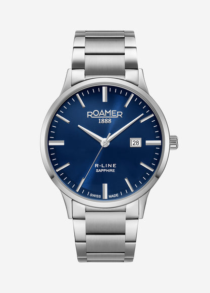 R Line Classic 43 mm Quartz Three-Hand Date Blue W/ Silver Indexes Dial Silver Bracelet Sapphire glass Stainless Steel swiss watch
