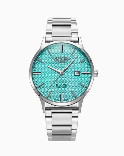 R Line Classic 43mm Quartz Three-Hand Date Sky Blue Dial Silver Bracelet Sapphire glass Stainless Steel swiss watch