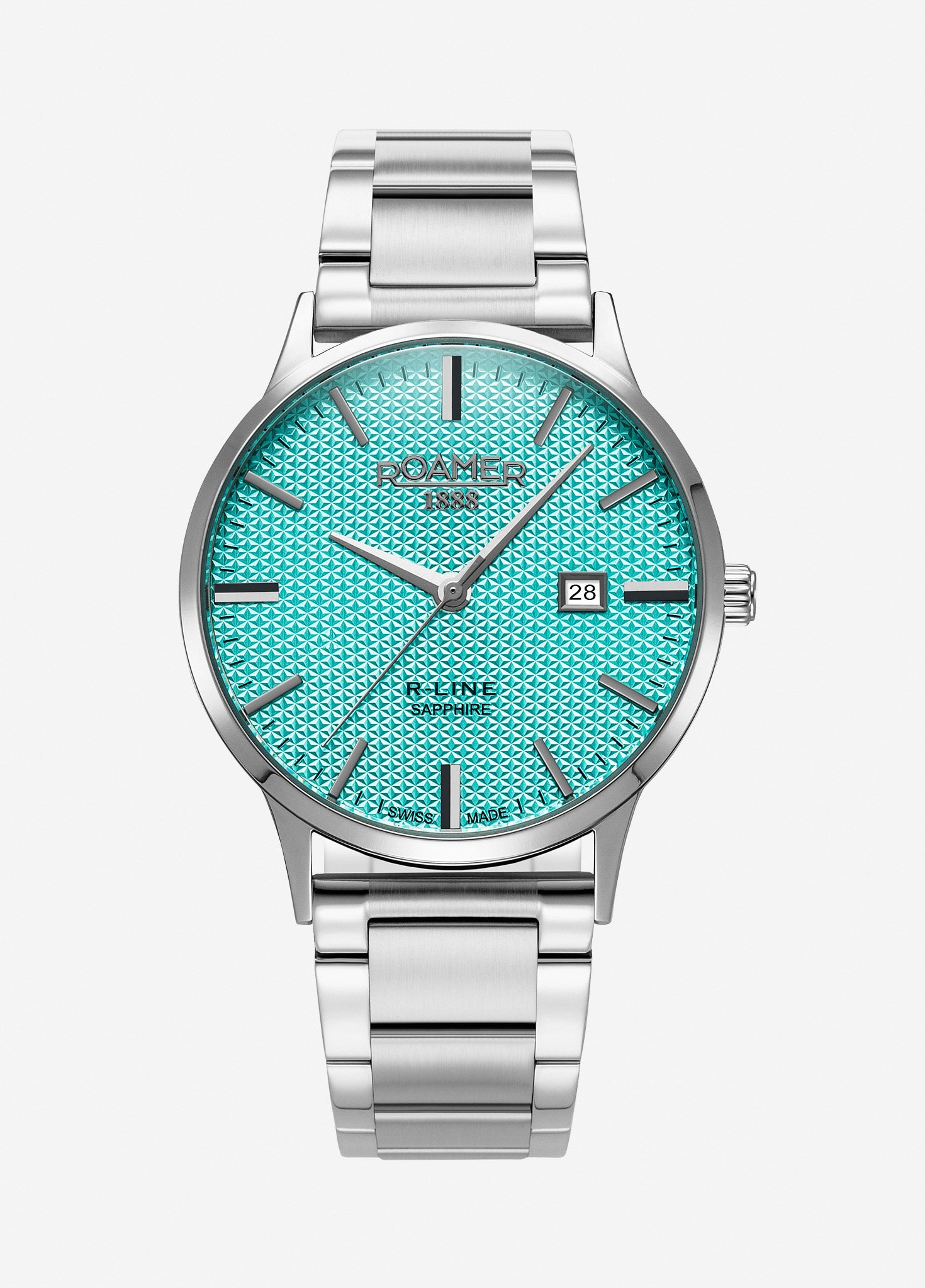 R Line Classic 43 mm Quartz Three-Hand Date Sky Blue Dial Silver Bracelet Sapphire glass Stainless Steel swiss watch