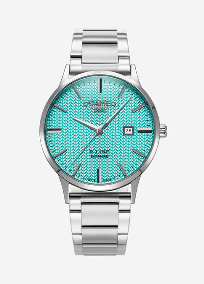 R Line Classic 43 mm Quartz Three-Hand Date Sky Blue Dial Silver Bracelet Sapphire glass Stainless Steel swiss watch
