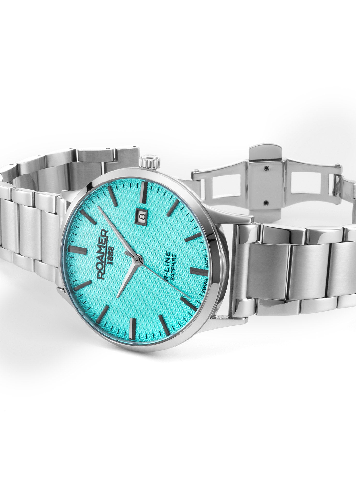 R Line Classic 43 mm Quartz Three-Hand Date Sky Blue Dial Silver Bracelet Sapphire glass Stainless Steel swiss watch