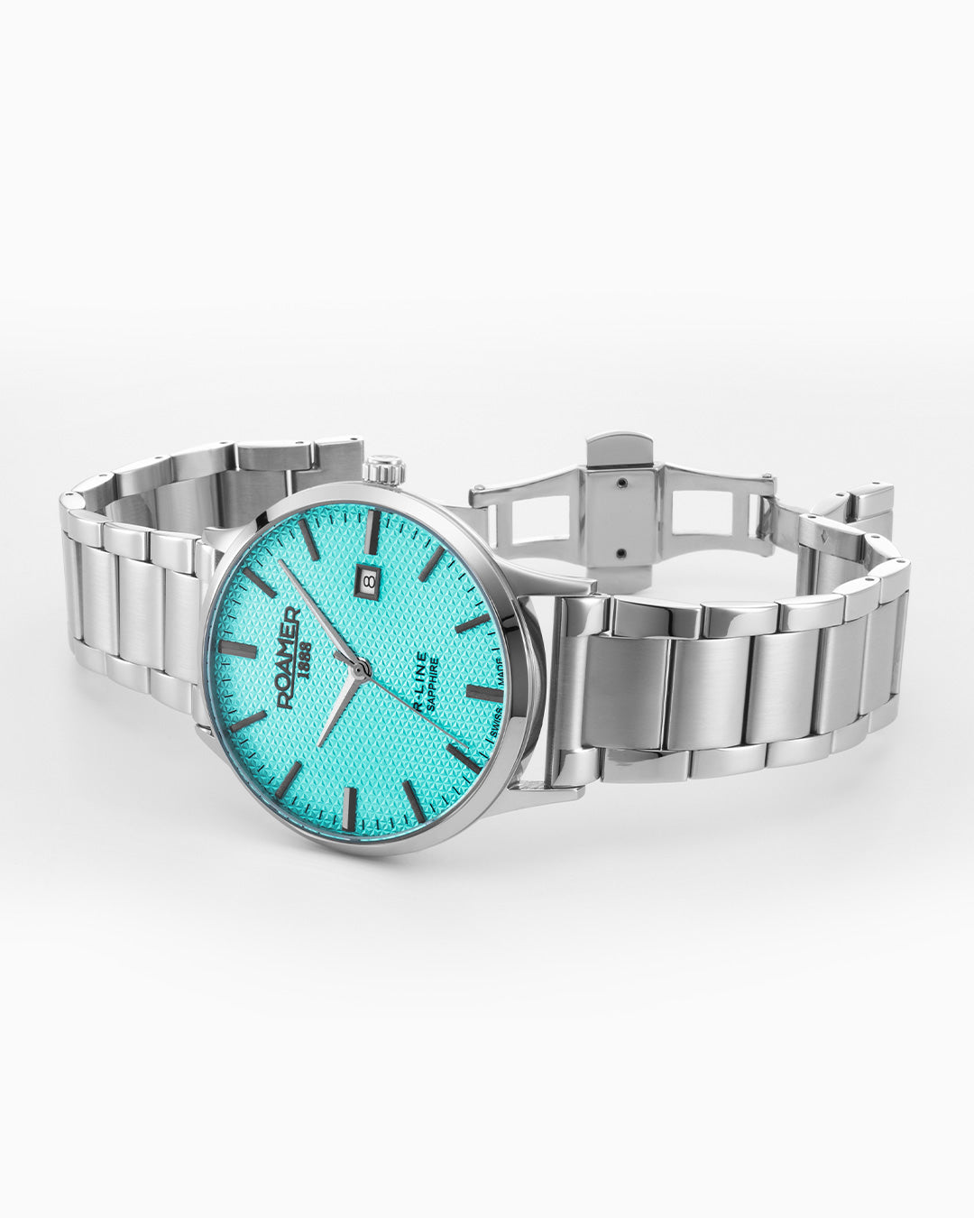 R Line Classic 43mm Quartz Three-Hand Date Sky Blue Dial Silver Bracelet Sapphire glass Stainless Steel swiss watch