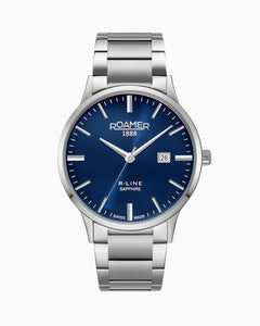 R Line Classic 43 mm Quartz Three-Hand Date Blue W/ Silver Indexes Dial Silver Bracelet Sapphire glass Stainless Steel swiss watch