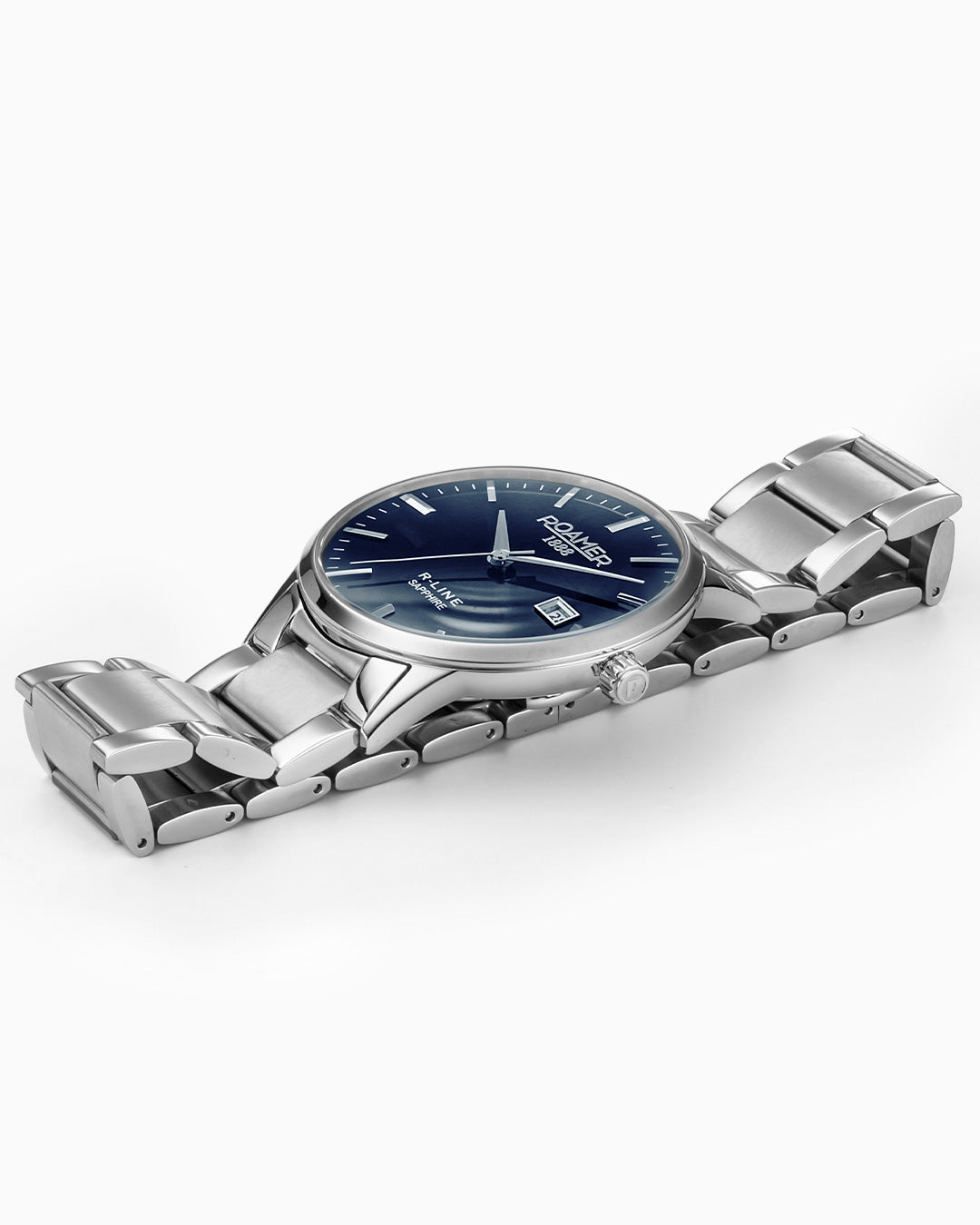 R Line Classic 43 mm Quartz Three-Hand Date Blue W/ Silver Indexes Dial Silver Bracelet Sapphire glass Stainless Steel swiss watch