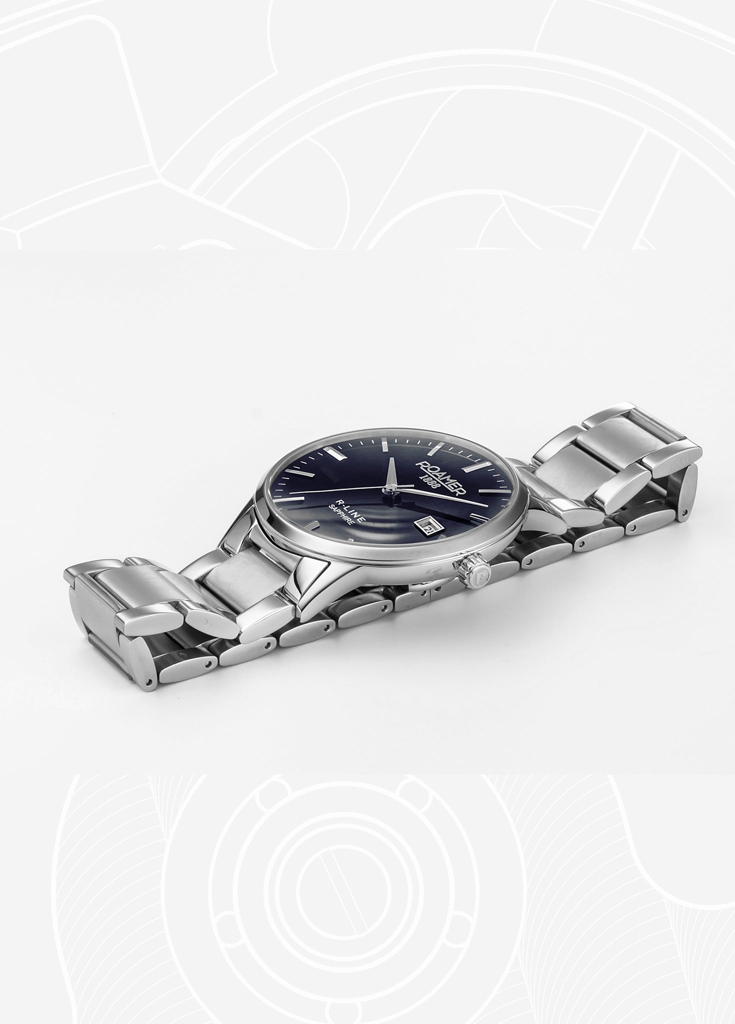 R Line Classic 43 mm Quartz Three-Hand Date Blue W/ Silver Indexes Dial Silver Bracelet Sapphire glass Stainless Steel swiss watch