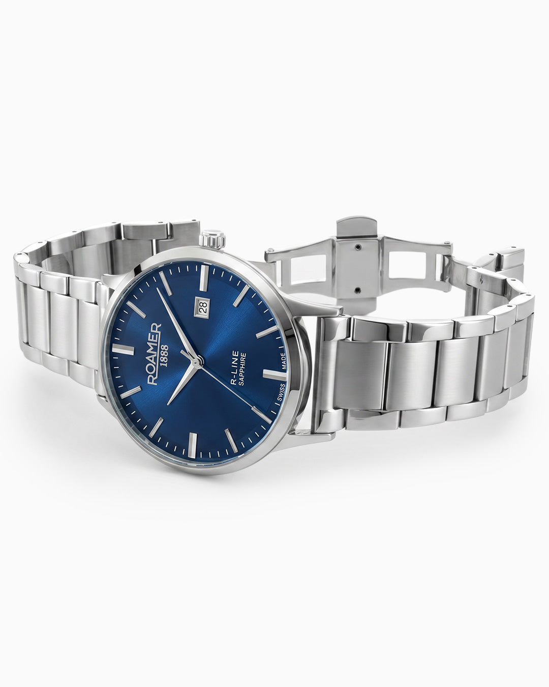 R Line Classic 43 mm Quartz Three-Hand Date Blue W/ Silver Indexes Dial Silver Bracelet Sapphire glass Stainless Steel swiss watch