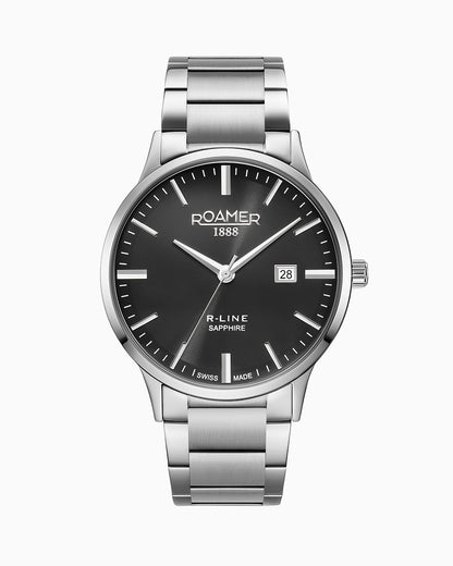 R Line Classic 43 mm Quartz Three-Hand Date Black Dial Silver Bracelet Sapphire glass Stainless Steel swiss watch