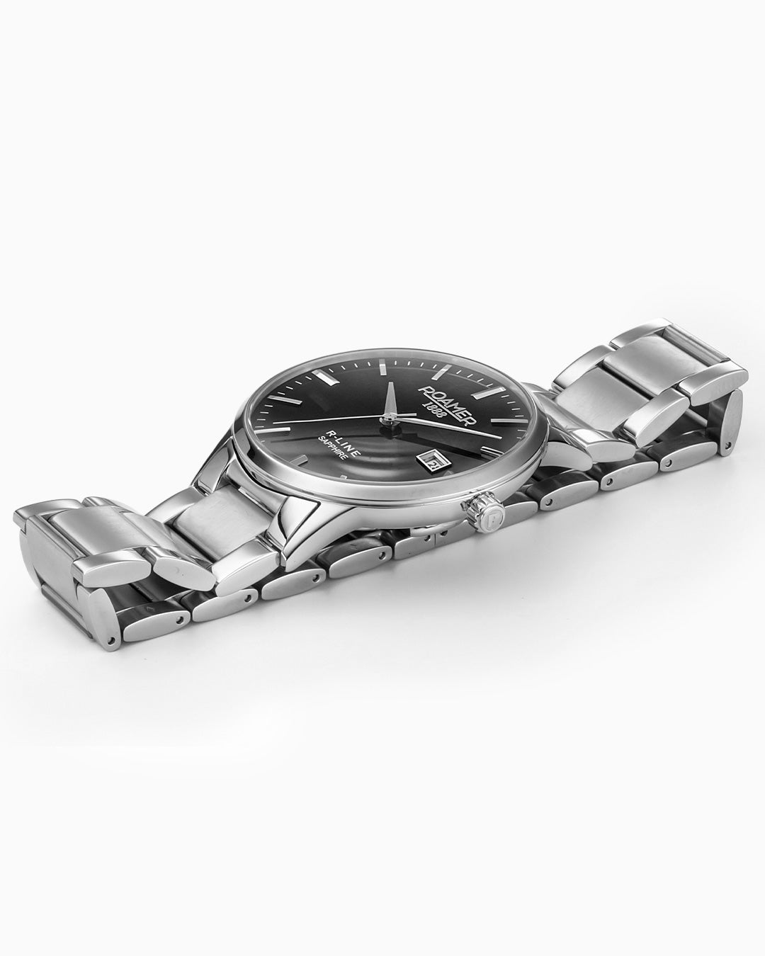R Line Classic 43 mm Quartz Three-Hand Date Black Dial Silver Bracelet Sapphire glass Stainless Steel swiss watch
