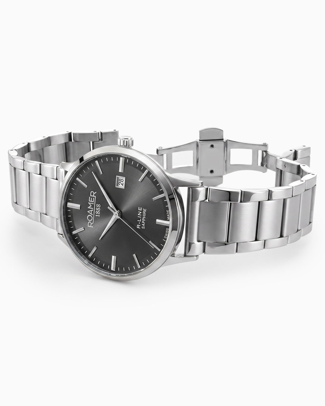 R Line Classic 43 mm Quartz Three-Hand Date Black Dial Silver