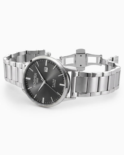 R Line Classic 43 mm Quartz Three-Hand Date Black Dial Silver Bracelet Sapphire glass Stainless Steel swiss watch