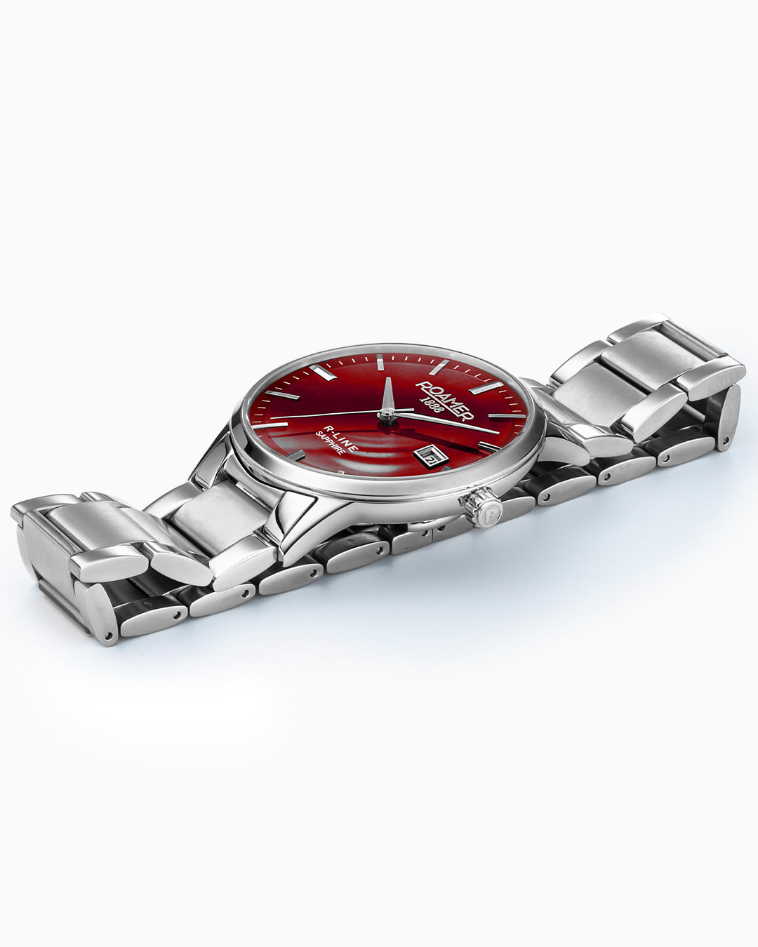 R Line Classic 43 mm Quartz Three-Hand Date Burgundy Dial Silver Bracelet Sapphire glass Stainless Steel swiss watch