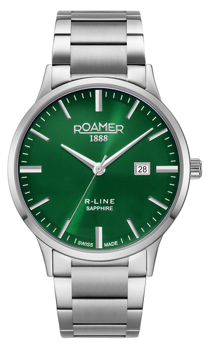 R Line Classic 43mm Quartz Three-Hand Date Green Sunray Dial Silver Bracelet Sapphire glass Stainless Steel swiss watch