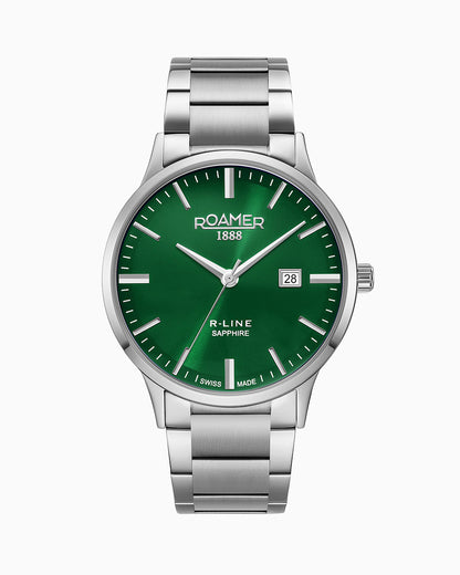 R Line Classic 43mm Quartz Three-Hand Date Green Sunray Dial Silver Bracelet Sapphire glass Stainless Steel swiss watch