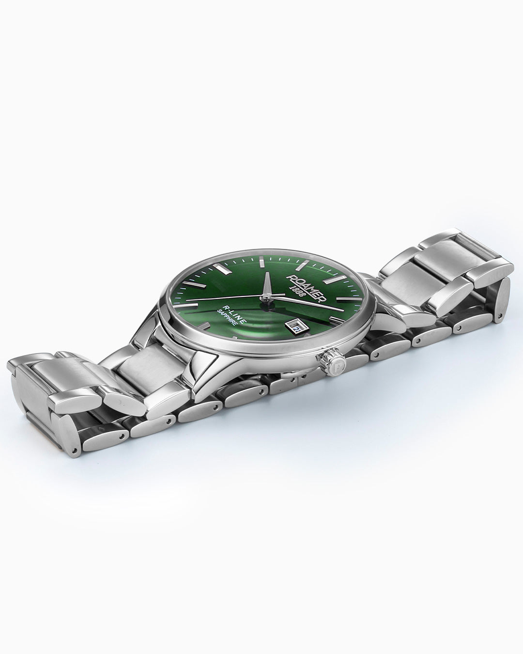 R Line Classic 43mm Quartz Three-Hand Date Green Sunray Dial Silver Bracelet Sapphire glass Stainless Steel swiss watch