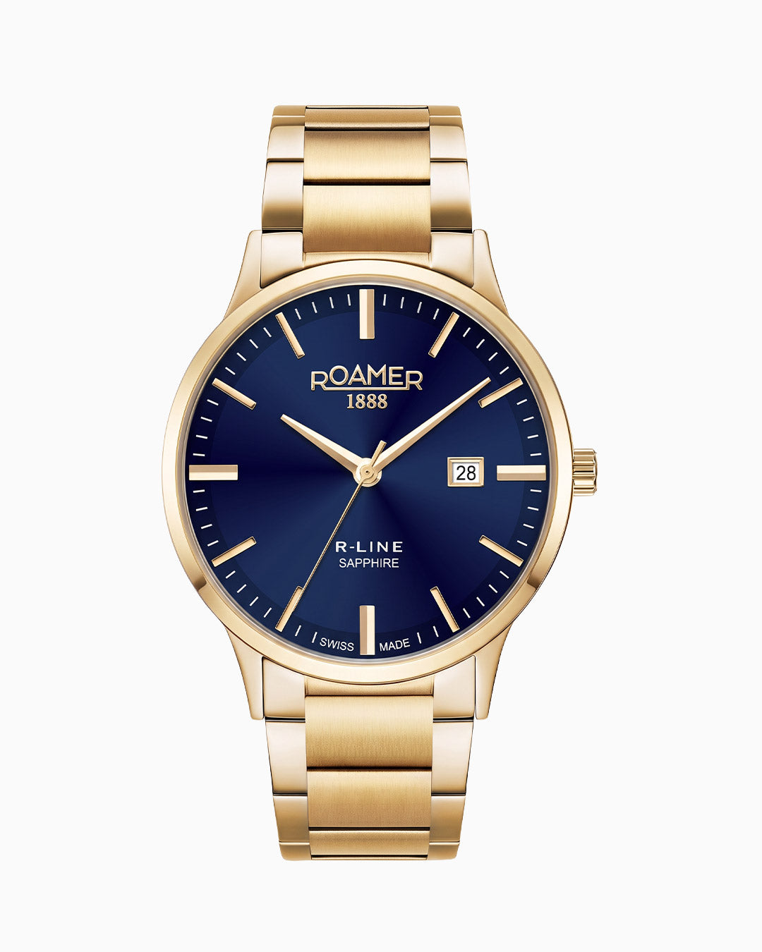 R Line Classic Set 43 mm Quartz Three-Hand Date Blue Dial Gold Bracelet Leather Strap Set Sapphire Glass Stainless Steel Swiss Watch