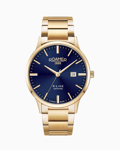 R Line Classic Set 43 mm Quartz Three-Hand Date Blue Dial Gold Bracelet Leather Strap Set Sapphire Glass Stainless Steel Swiss Watch