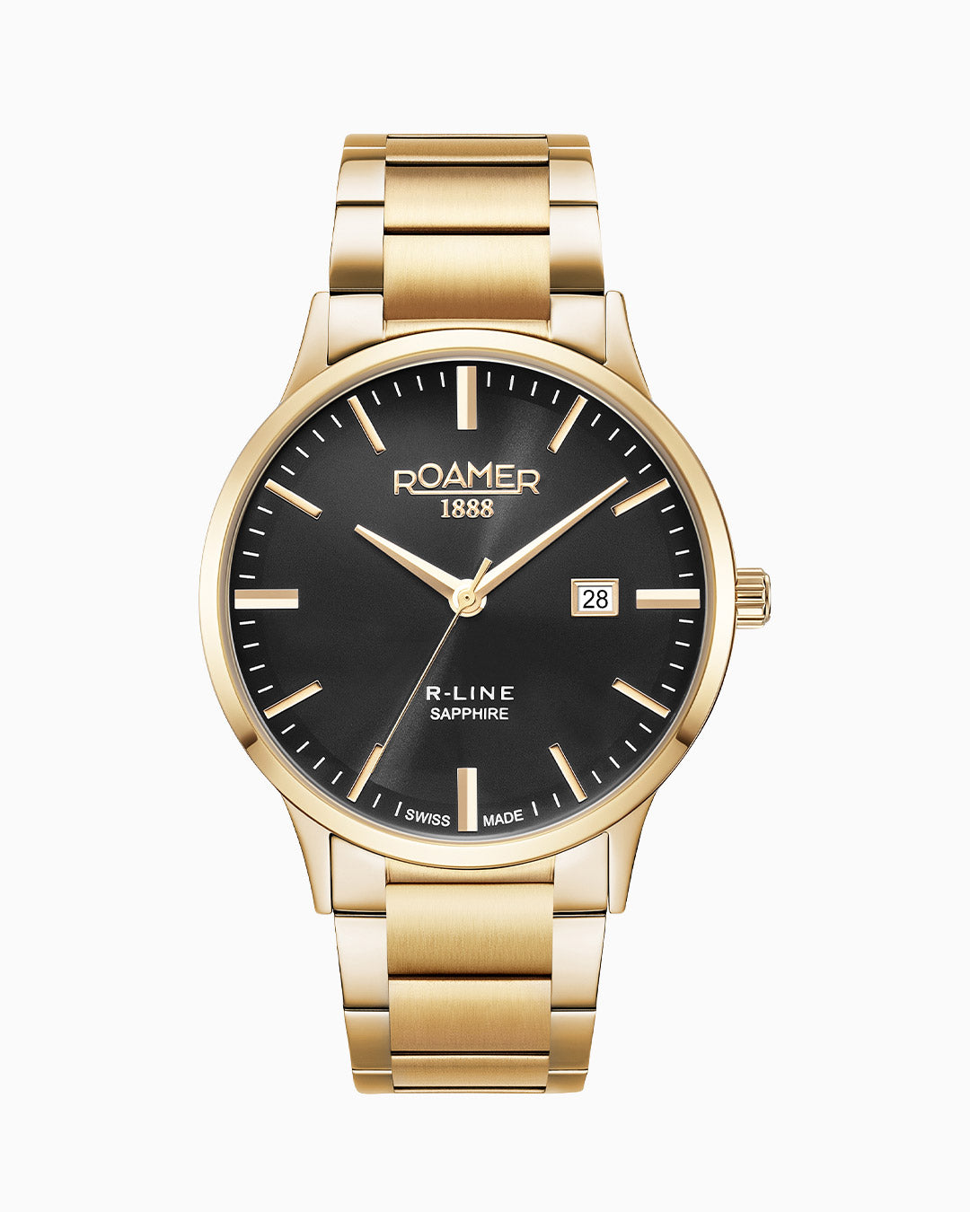 R Line Classic Set 43 mm Quartz Three-Hand Date Black Dial Gold Bracelet Leather Strap Set Sapphire Glass Stainless Steel Swiss Watch