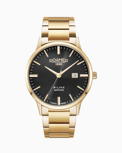 R Line Classic Set 43 mm Quartz Three-Hand Date Black Dial Gold Bracelet Leather Strap Set Sapphire Glass Stainless Steel Swiss Watch