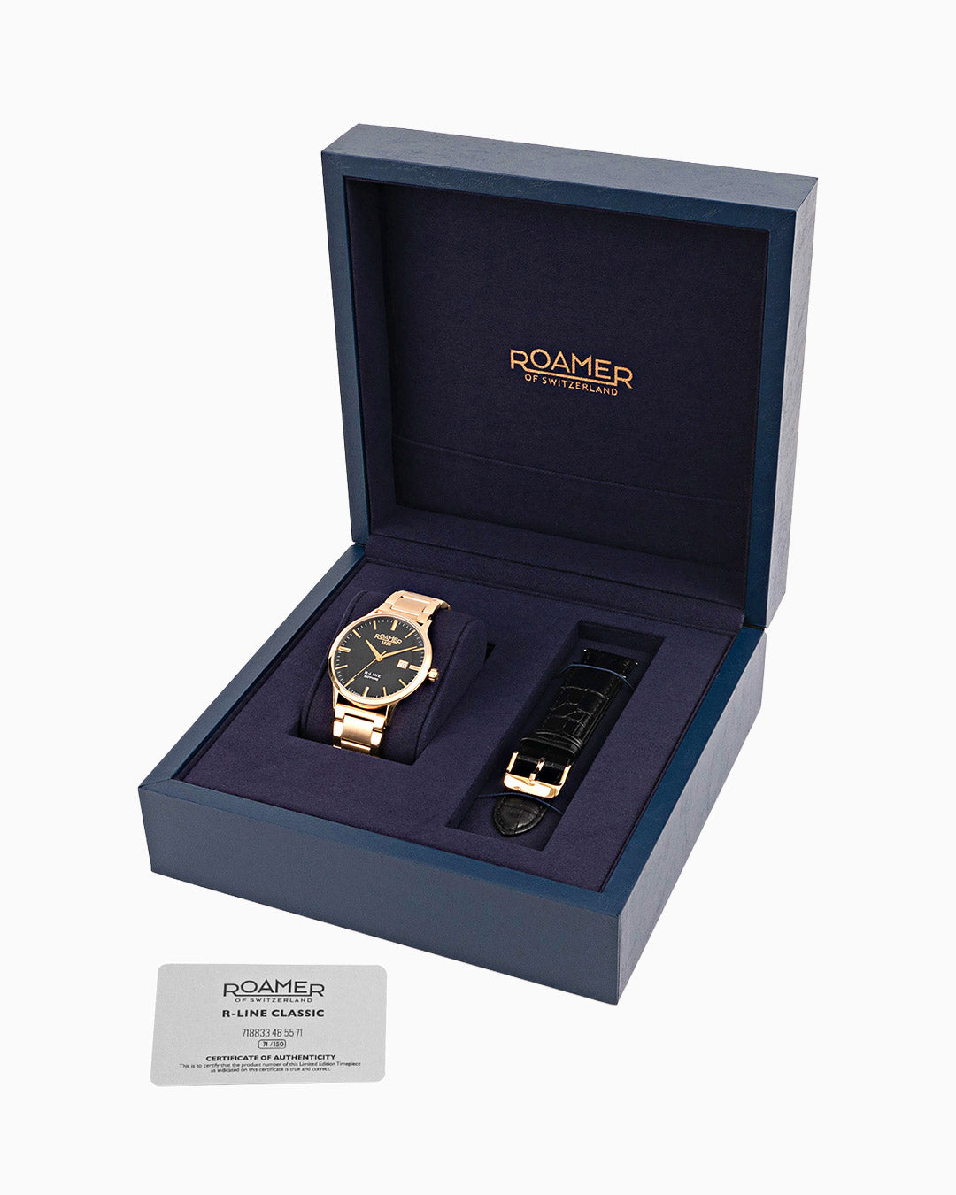 R Line Classic Set 43 mm Quartz Three-Hand Date Black Dial Gold Bracelet Leather Strap Set Sapphire Glass Stainless Steel Swiss Watch