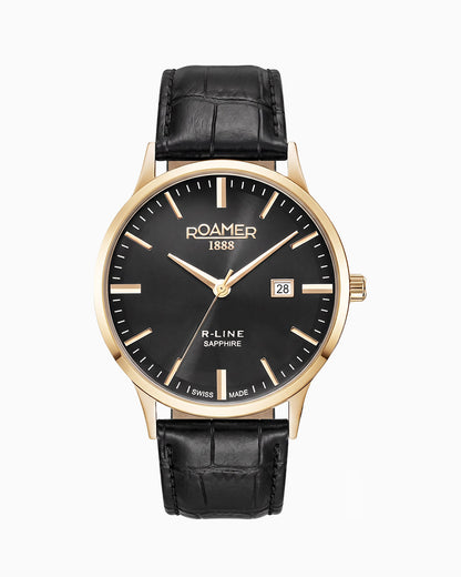 R Line Classic Set 43 mm Quartz Three-Hand Date Black Dial Gold Bracelet Leather Strap Set Sapphire Glass Stainless Steel Swiss Watch
