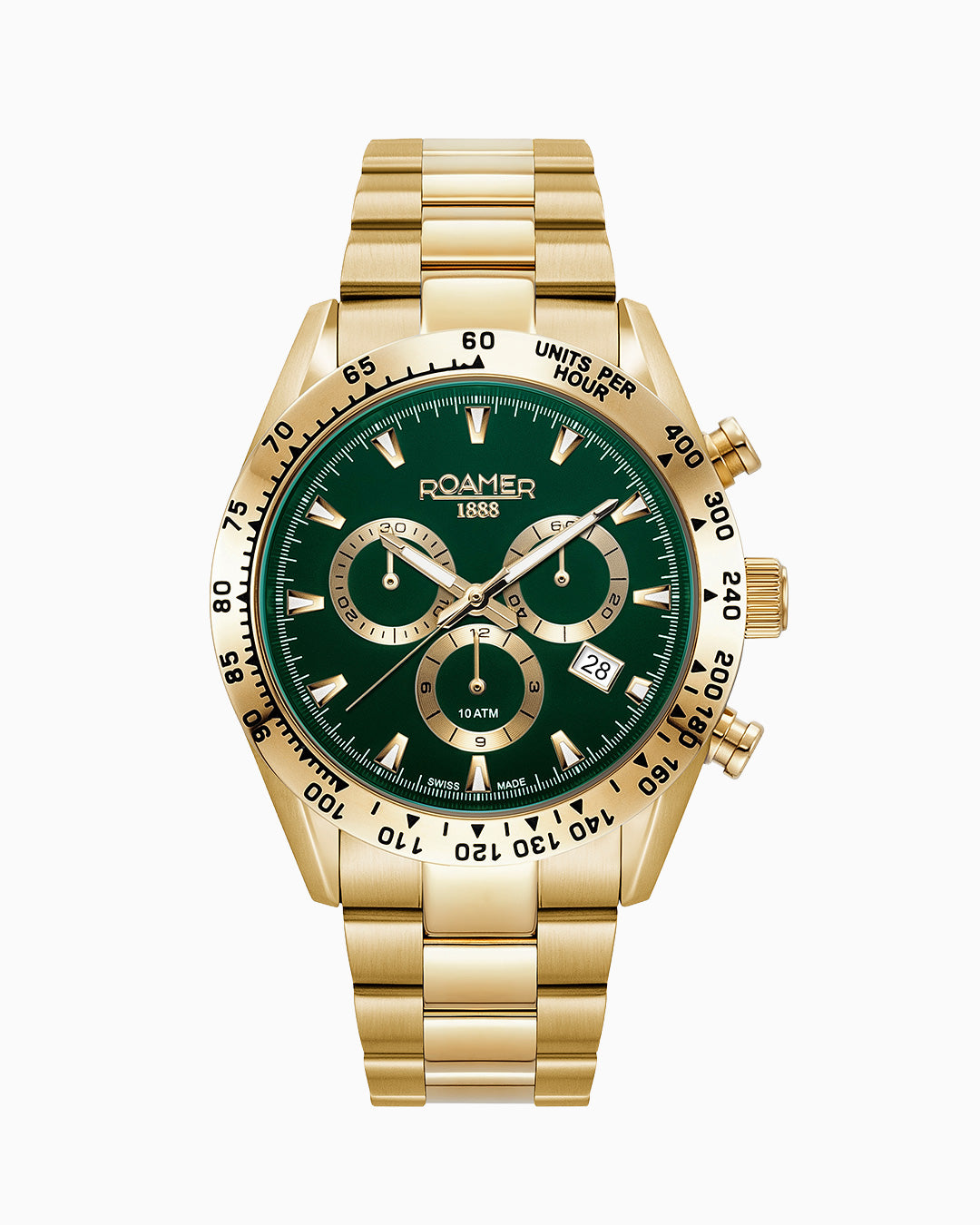 Monza 100 42mm Chronograph Date Green Dial Gold Bracelet Sapphire glass Stainless Steel swiss watch