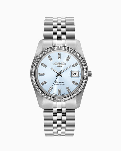 Positano 34mm Three-Hand Date Lightblue Dial Silver Tone Bracelet Sapphire glass Stainless Steel swiss watch