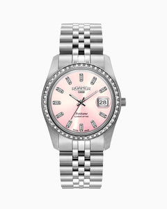 Positano 34mm Three-Hand Date Pink Dial Silver Tone Bracelet Sapphire glass Stainless Steel swiss watch