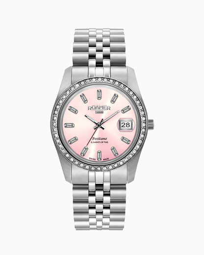 Positano 34mm Three-Hand Date Pink Dial Silver Tone Bracelet Sapphire glass Stainless Steel swiss watch