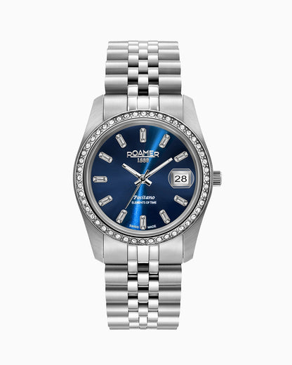 Positano 34mm Three-Hand Date Blue Dial Silver Tone Bracelet Sapphire glass Stainless Steel swiss watch