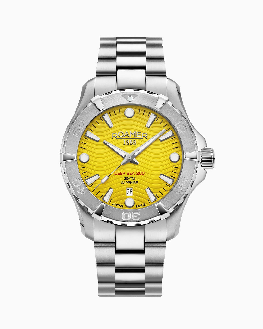 Deep Sea 200 43 mm Quartz Three-Hand Date Yellow Dial Silver Bracelet Sapphire Glass Stainless Steel Swiss Watch