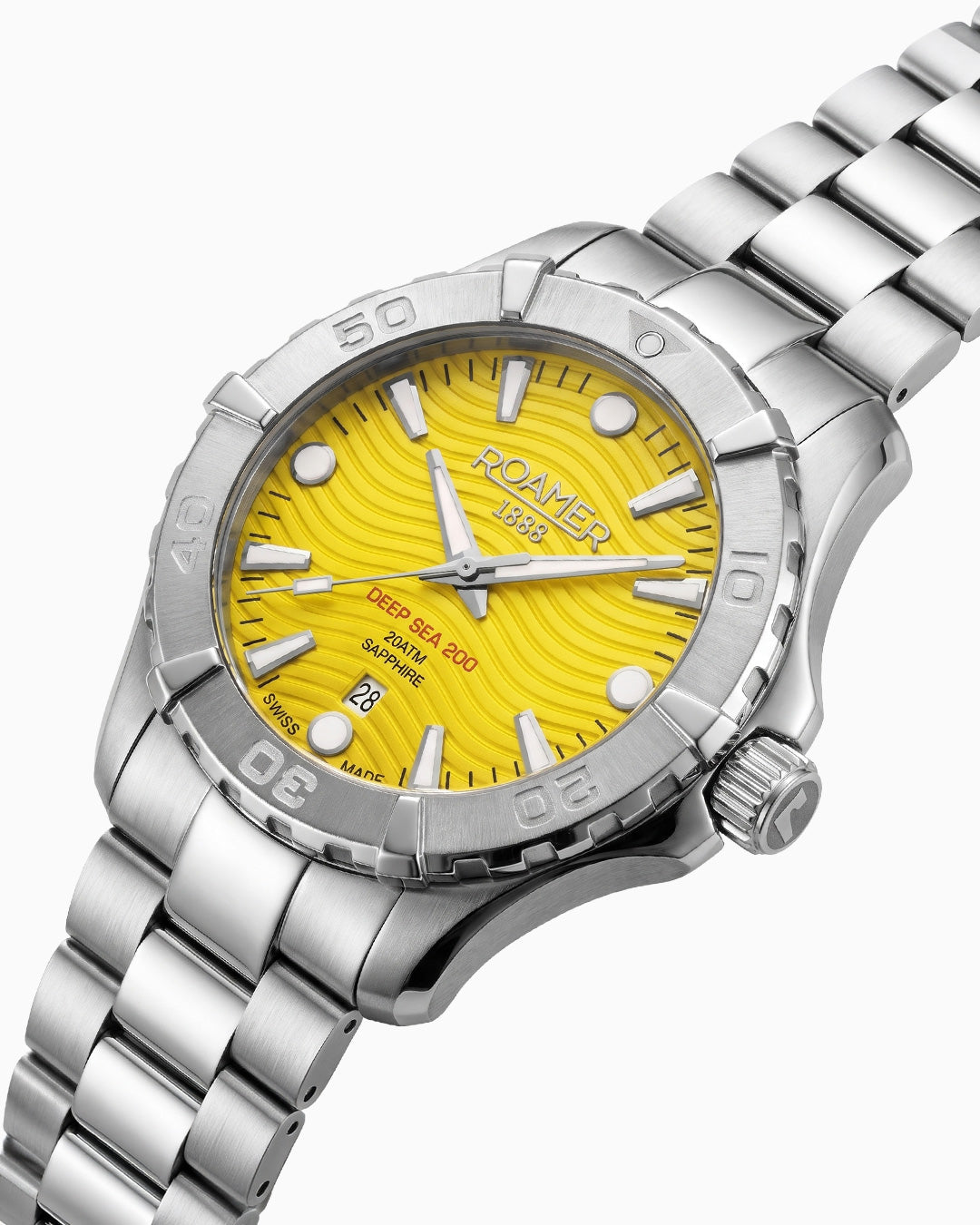 Deep Sea 200 43 mm Quartz Three-Hand Date Yellow Dial Silver Bracelet Sapphire Glass Stainless Steel Swiss Watch