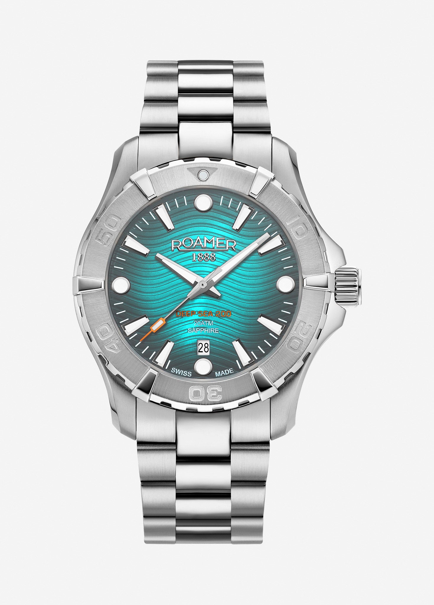 Deep Sea 200 43 mm Quartz Three-Hand Date Sky Blue Pattern Dial Silver Bracelet Sapphire glass Stainless Steel swiss watch