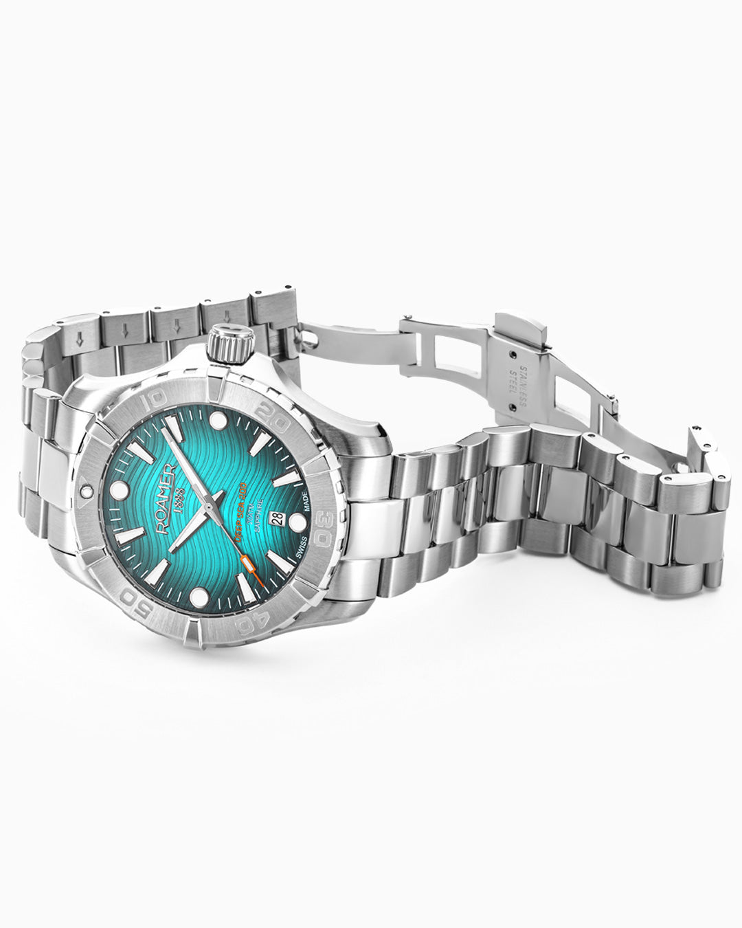 Deep Sea 200 43 mm Quartz Three-Hand Date Sky Blue Pattern Dial Silver Bracelet Sapphire glass Stainless Steel swiss watch