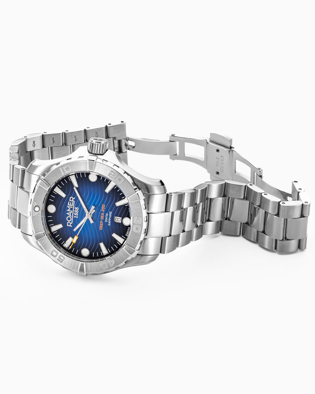 Deep Sea 200 43mm Quartz Three-Hand Date Blue Dial Silver Bracelet Sapphire glass Stainless Steel swiss watch