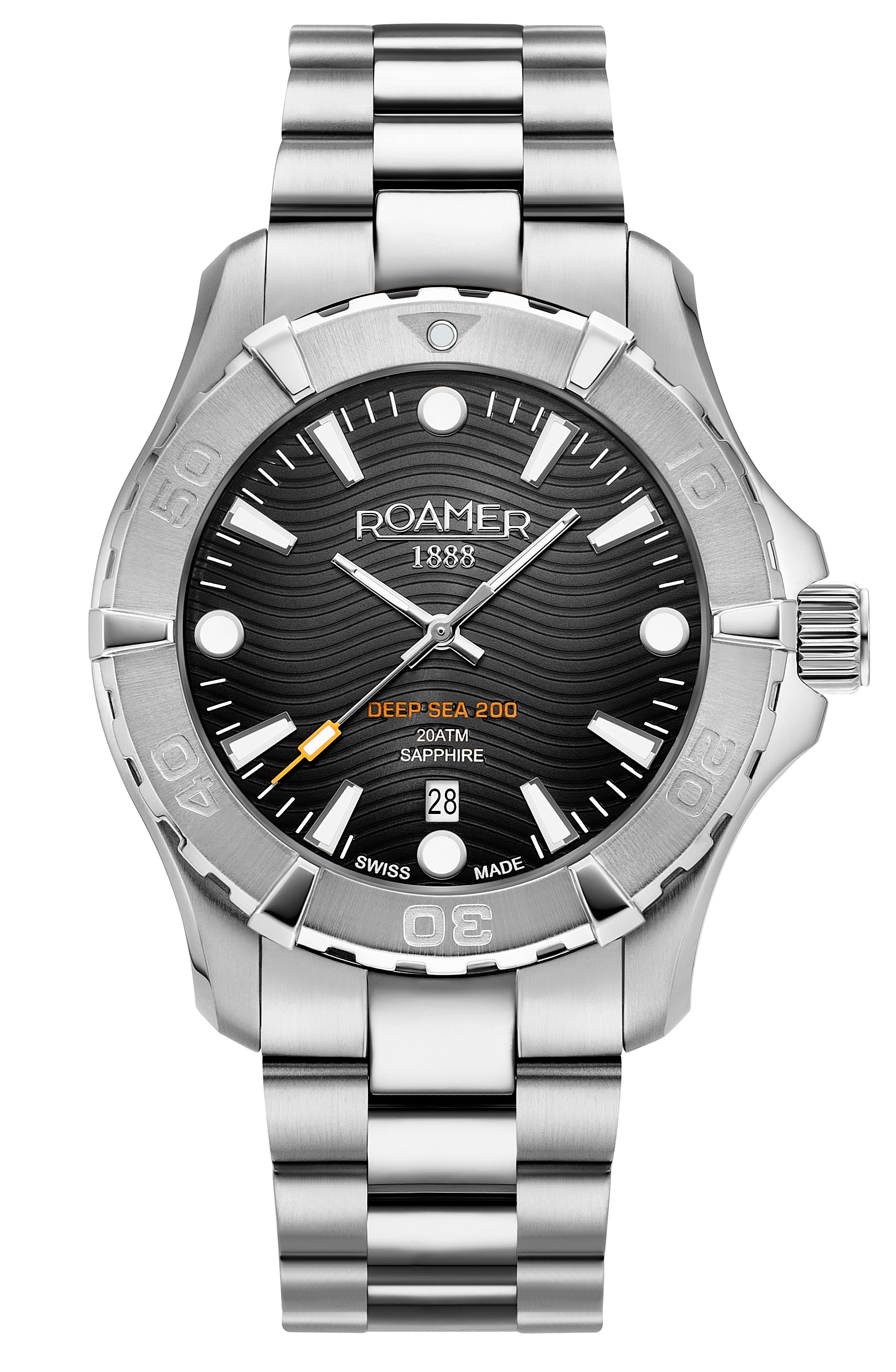 Deep Sea 200 43 mm Quartz Three-Hand Date Black Dial Silver Bracelet Sapphire glass Stainless Steel swiss watch
