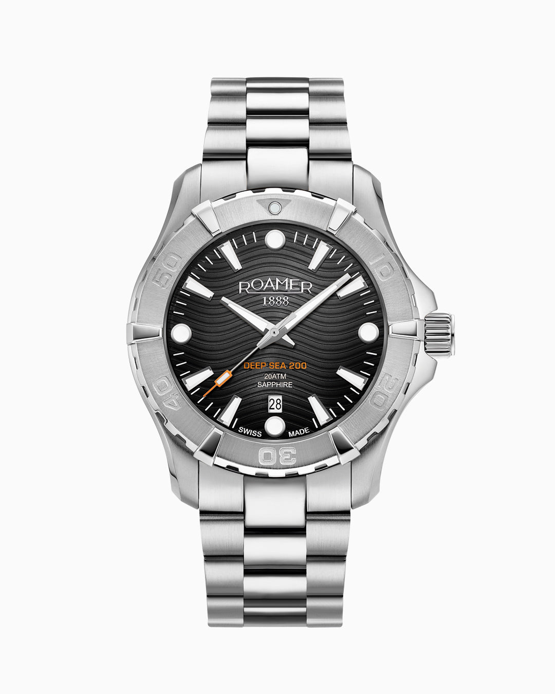 Roamer Deep Sea 200 43mm Quartz Three-Hand Date Black Dial Silver Bracelet Sapphire glass Stainless Steel swiss watch