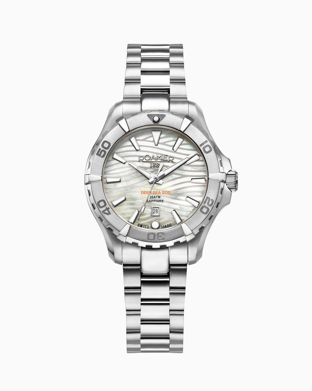 Roamer Deep Sea 200 Ladies 34mm Quartz Three-Hand Date White Dial Silver Bracelet Sapphire glass Stainless Steel swiss watch