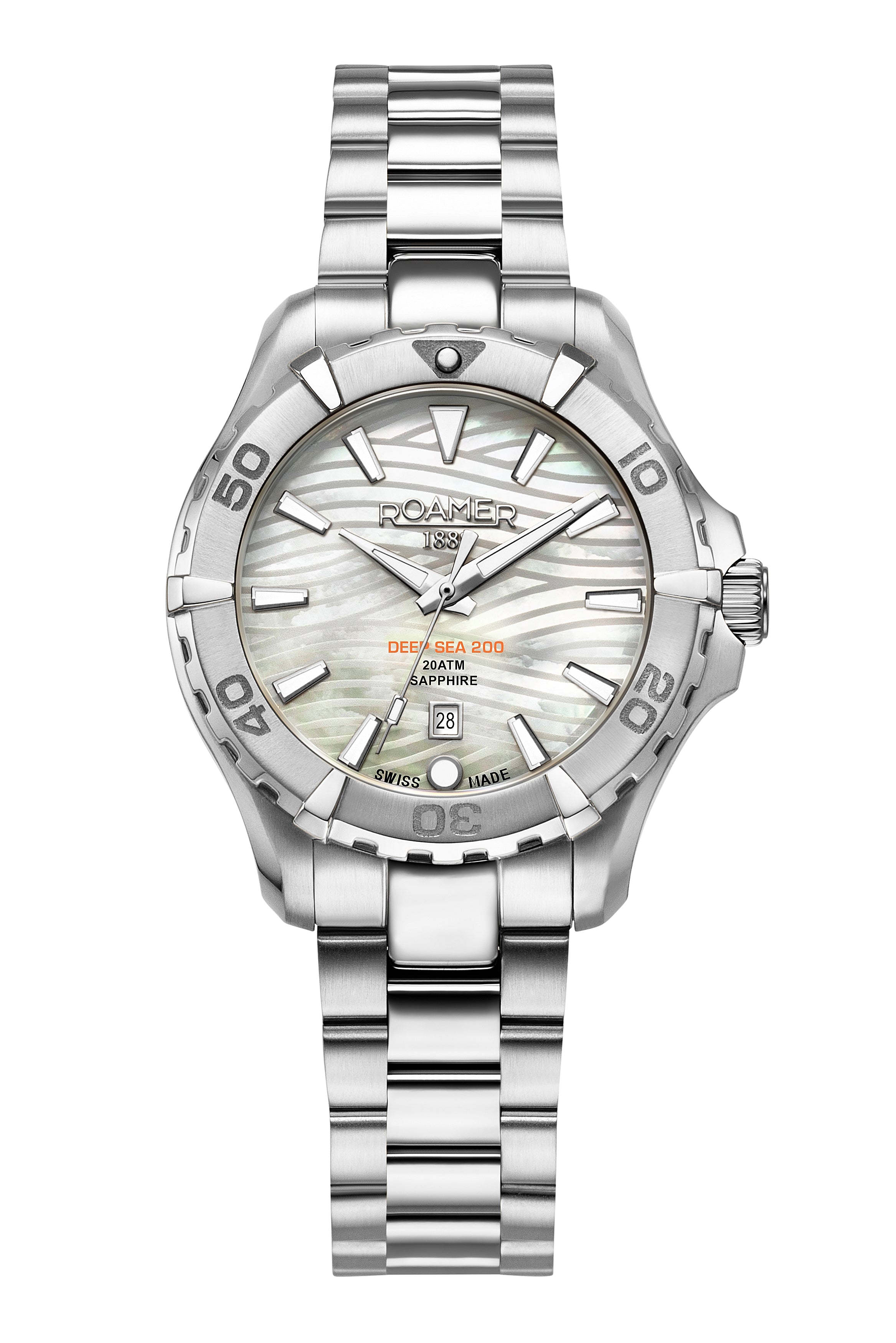 Deep Sea 200 Ladies 34 mm Quartz Three-Hand Date White Dial Silver Bracelet Sapphire glass Stainless Steel swiss watch
